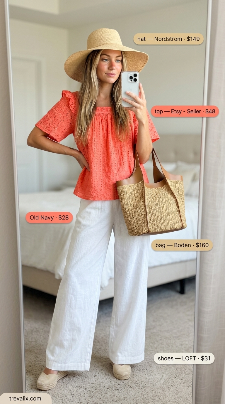 Vacation Ready eyelet top outfit 2026: Coral puff-sleeve blouse, linen pants, straw tote for resort wear.