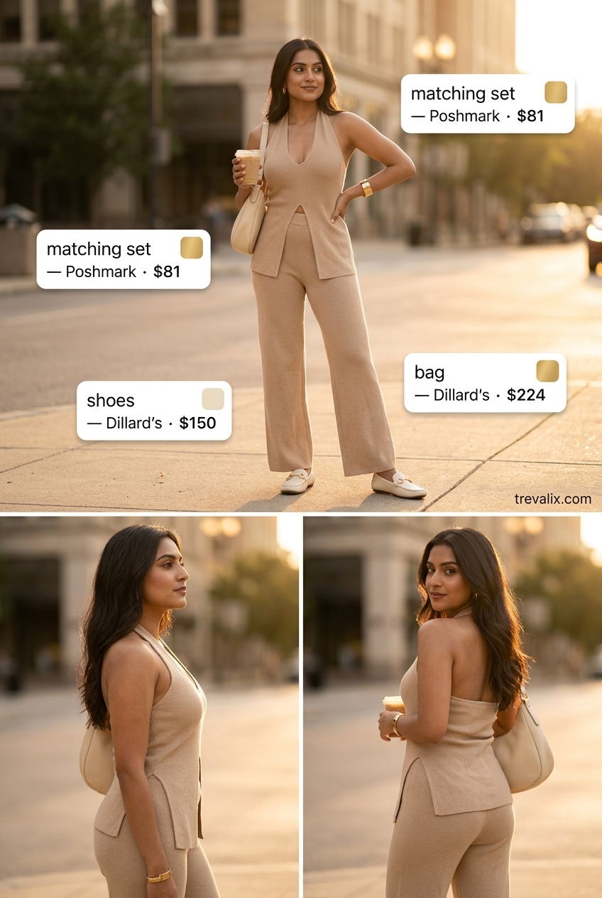 Chic beige halter knit set for women 2026, perfect for travel or relaxed chic outings. Features gold accents.