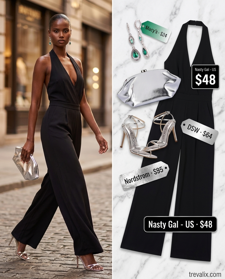 Glamorous black halter jumpsuit for women 2026, perfect for evening events and cocktail parties.