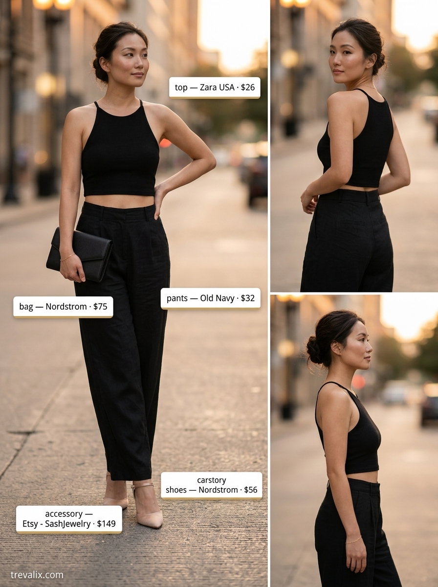 Black halter crop top with cream wide-leg pants for sophisticated summer Halter Neck outfits for women 2026.
