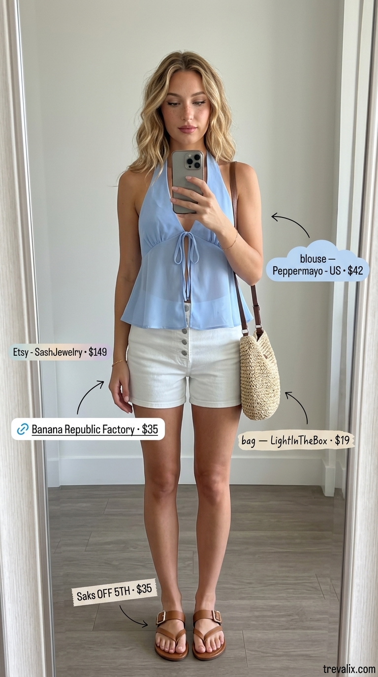 Feminine pastel blue halter blouse with white denim shorts for women 2026 weekend casual style.