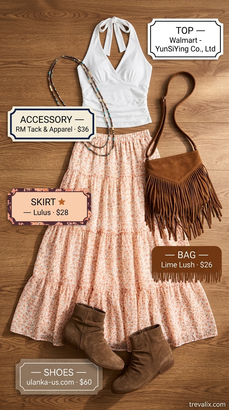 Boho floral maxi skirt with white halter cami, ideal for summer Halter Neck outfits for women 2026.