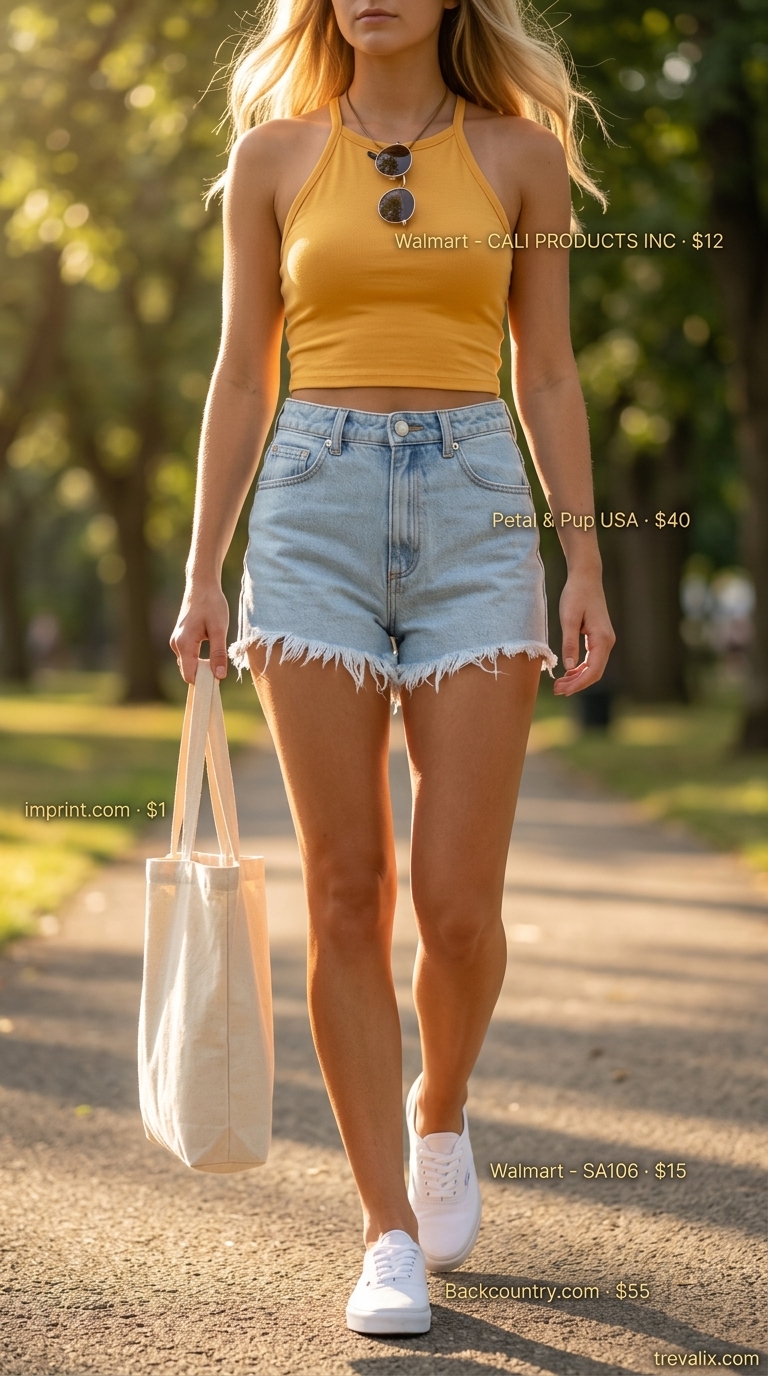 Mustard yellow halter neck tee with denim shorts, perfect for summer Halter Neck outfits for women 2026.