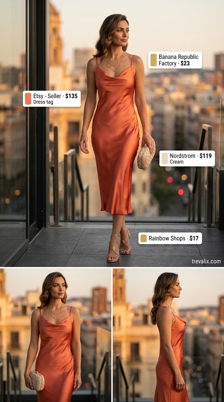 Elegant coral halter neck slip dress for summer outfits for women 2026. Romantic evening out and date night style.