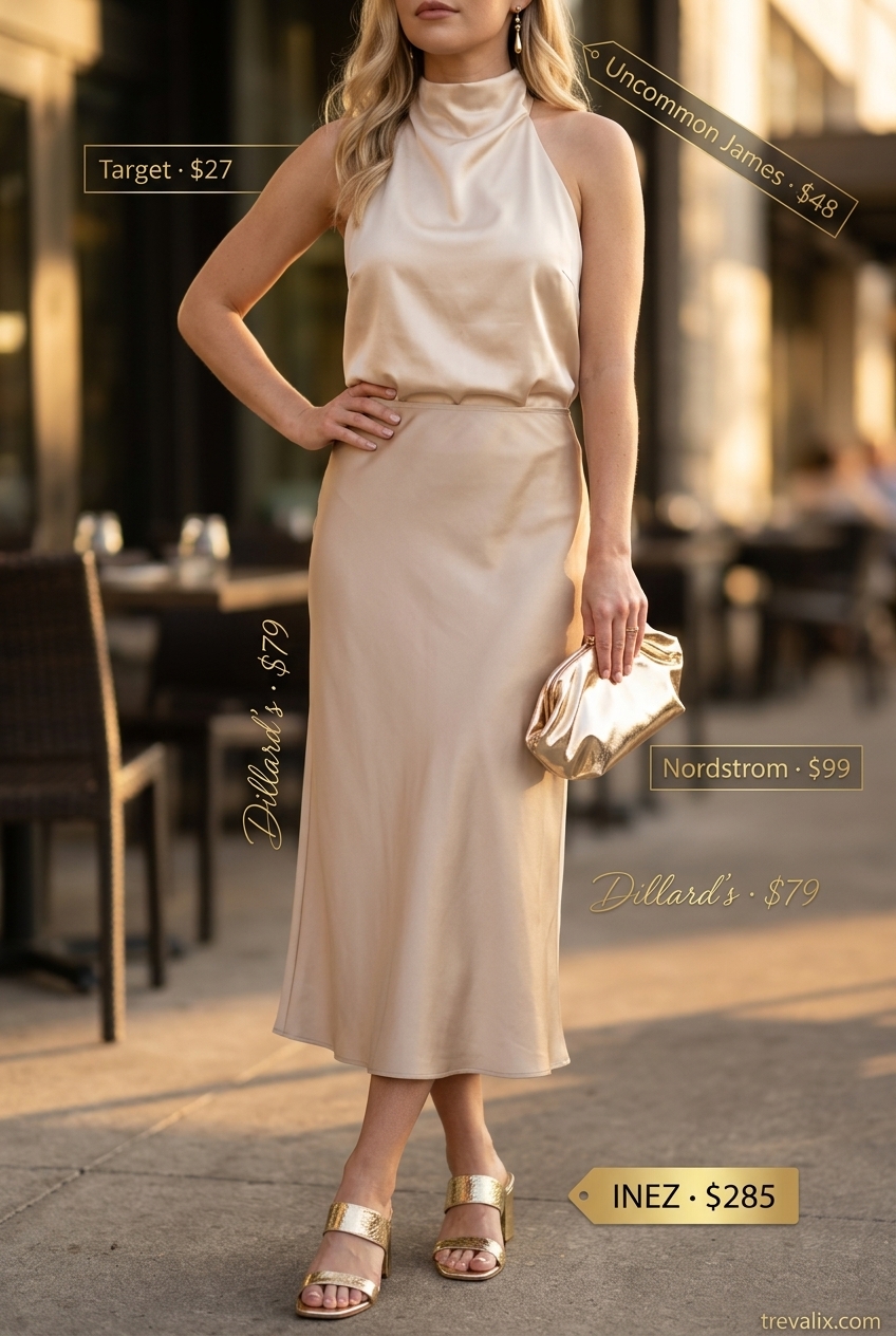 Elegant emerald green halter top with champagne midi skirt for women 2026 dinner dates and cocktail events.