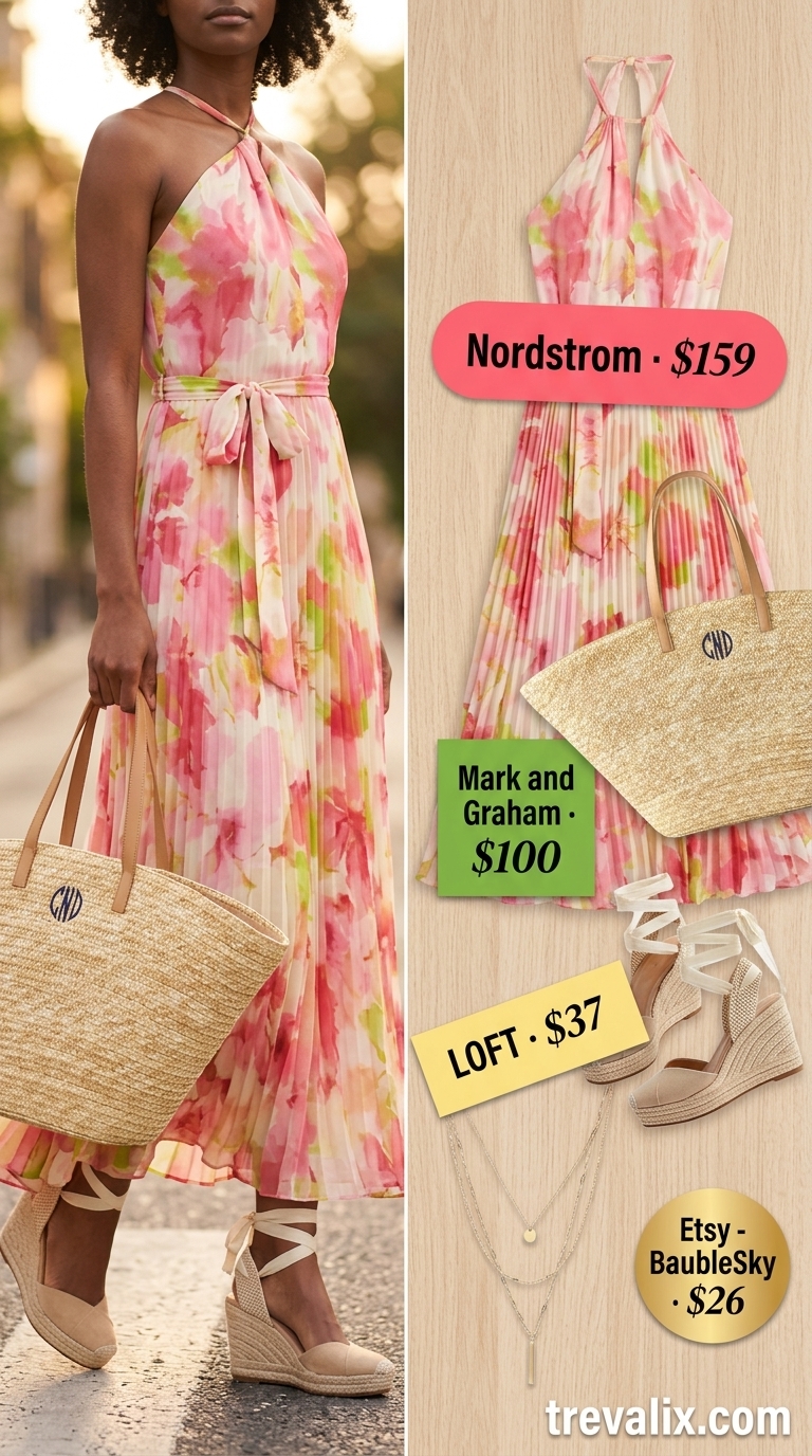 Bohemian floral print halter neck maxi dress for summer outfits for women 2026. Ideal for wedding guest and garden parties.