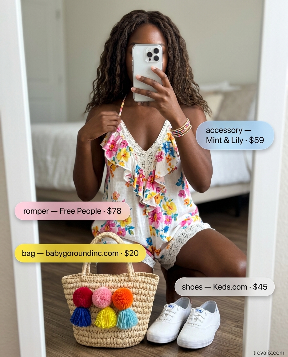 Playful floral print halter neck romper for summer outfits for women 2026. Ideal for vacation sightseeing and beach lunch.