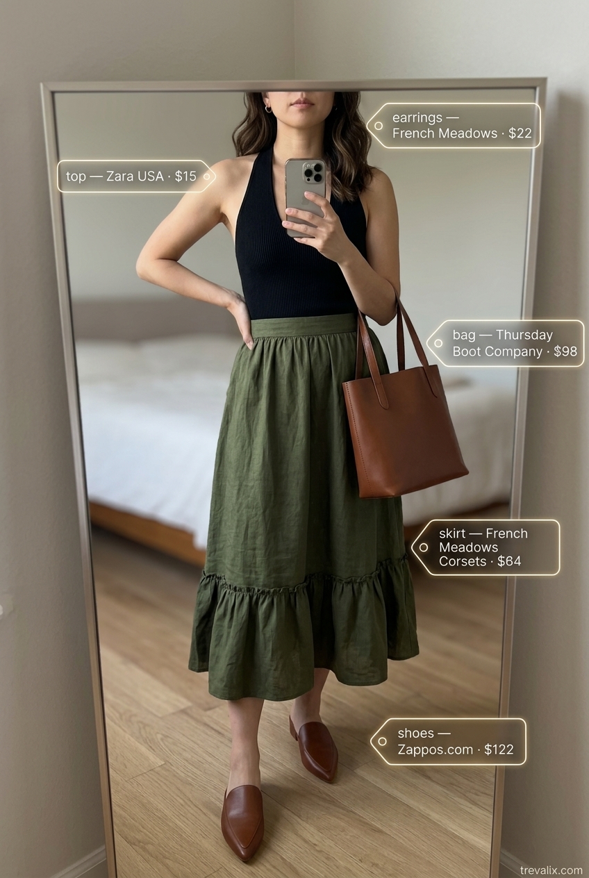 Olive green midi skirt with black halter tank for chic summer Halter Neck outfits for women 2026.