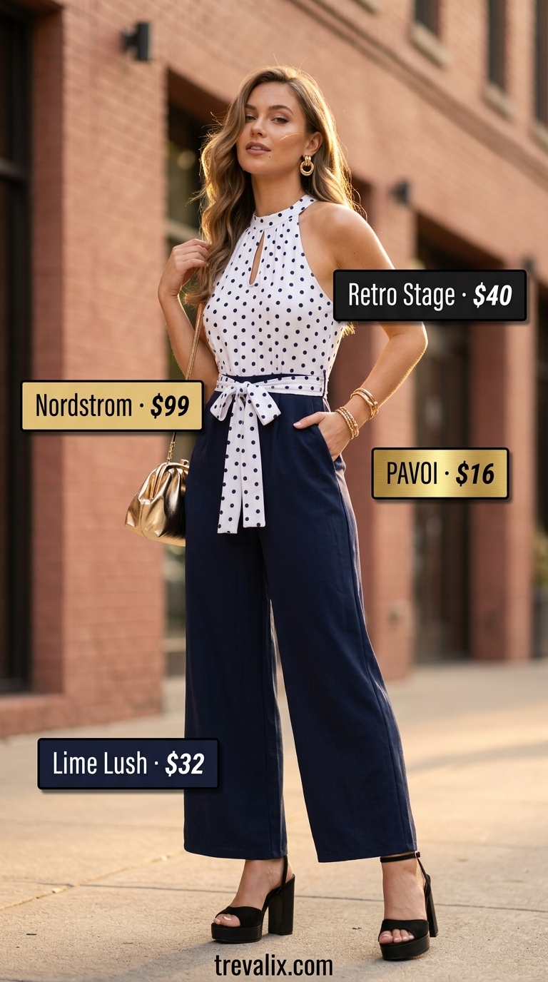 Retro navy and white polka dot halter neck jumpsuit for summer outfits for women 2026. Chic party and date night style.