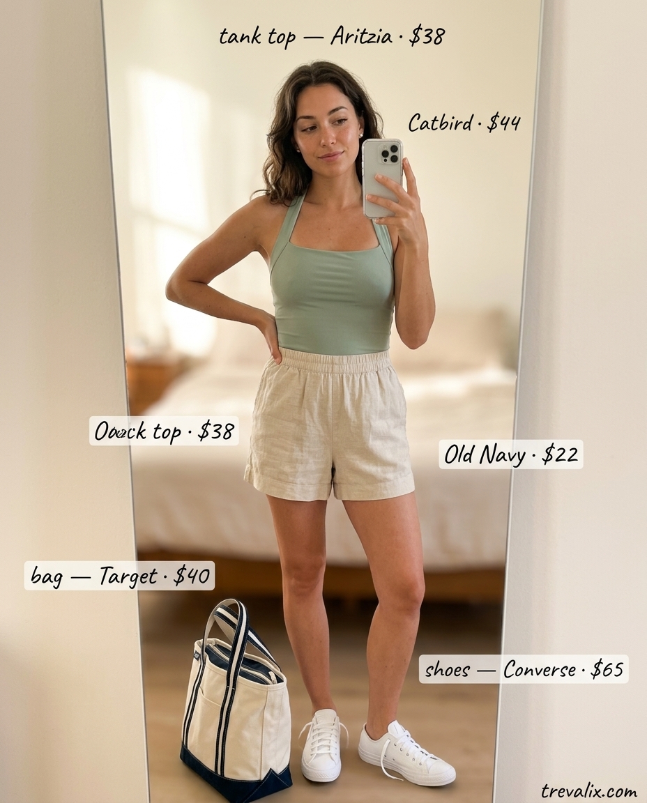 Sage green halter tank top with cream shorts for casual summer Halter Neck outfits for women 2026.