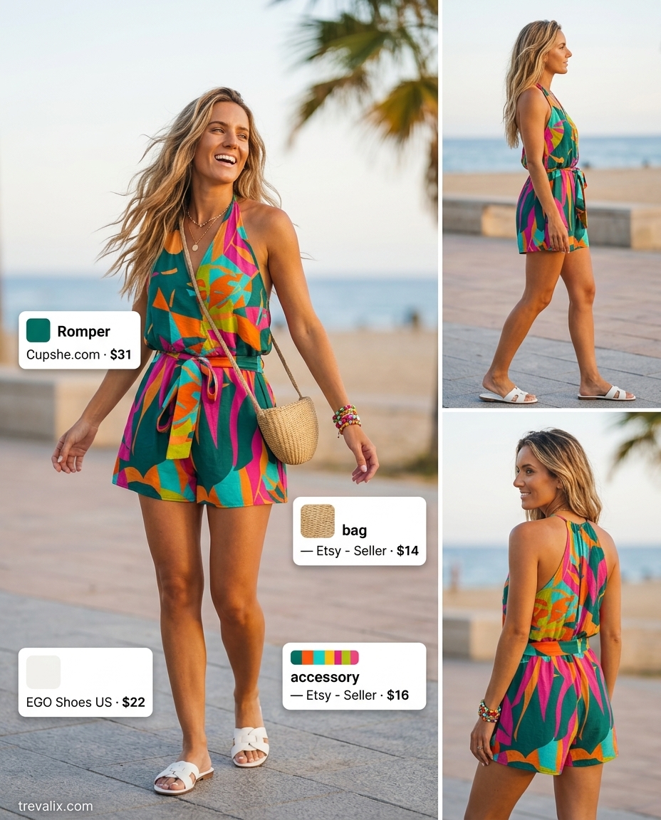 Tropical print halter romper for beach days, part of summer Halter Neck outfits for women 2026.