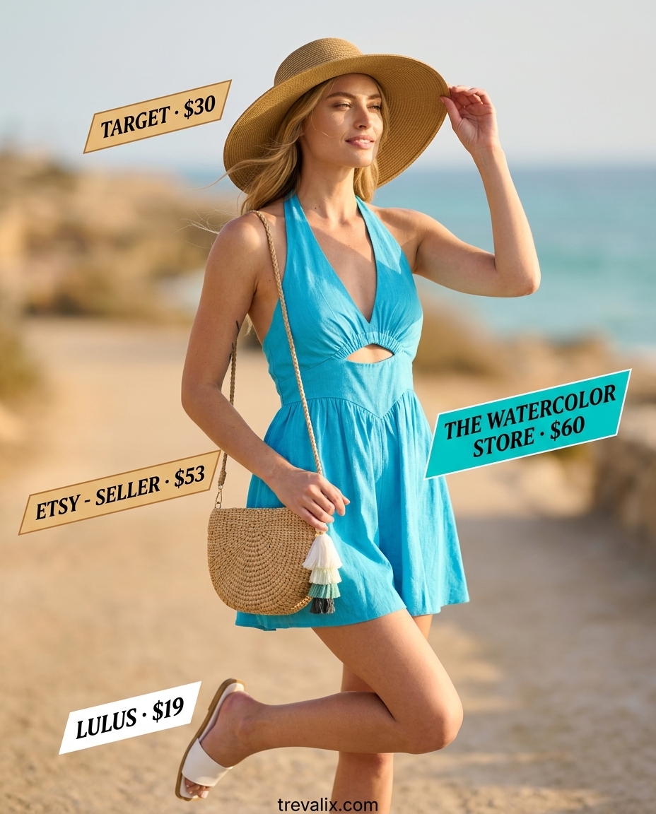 Turquoise halter romper for a fun vacation summer Halter Neck outfit for women 2026.