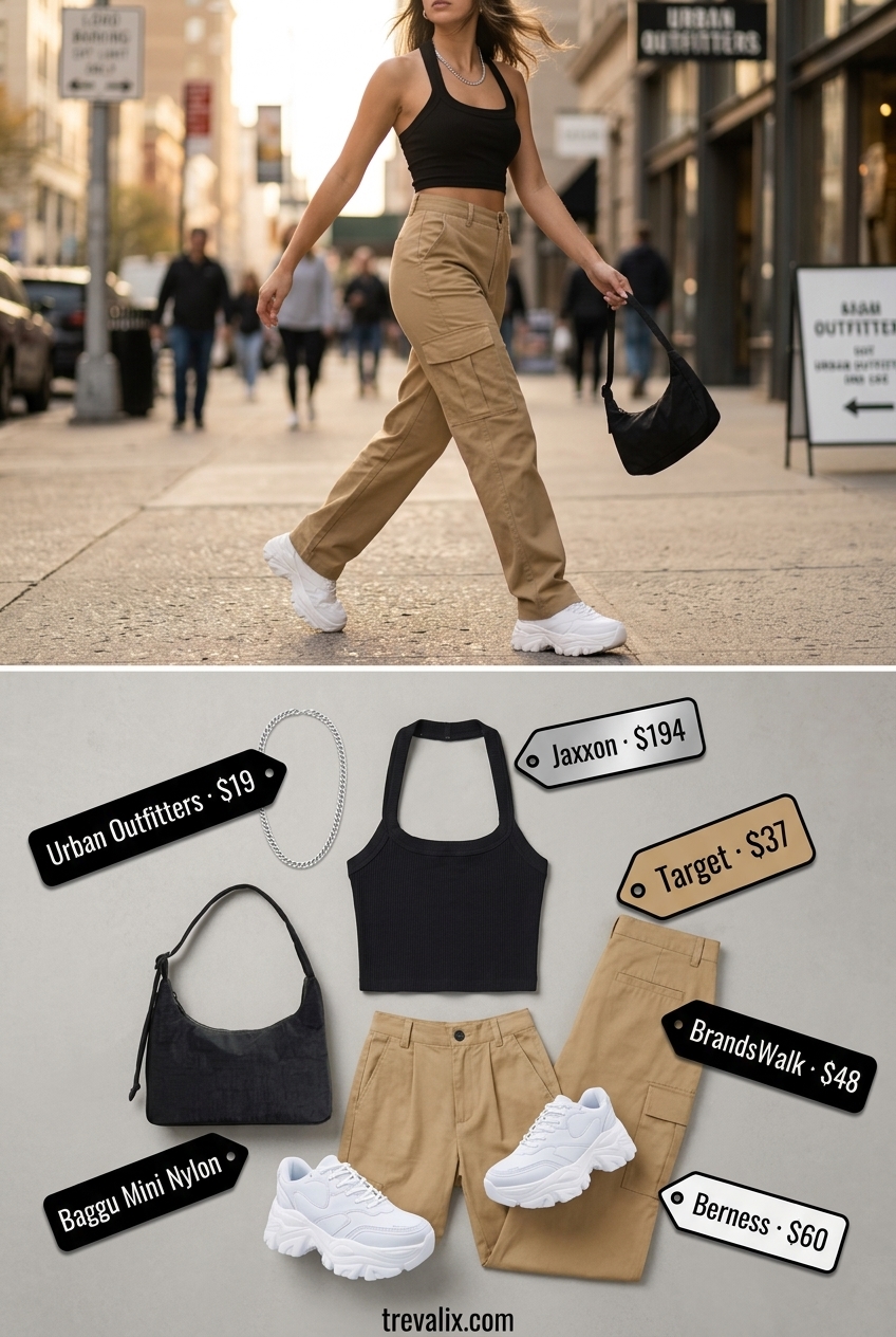 Black halter crop top with khaki cargo pants for edgy summer Halter Neck outfits for women 2026.