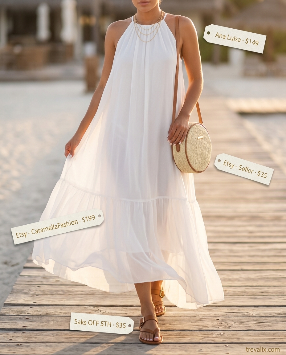 Relaxed white halter maxi dress for women 2026, perfect for beach resort vacations and summer evenings.