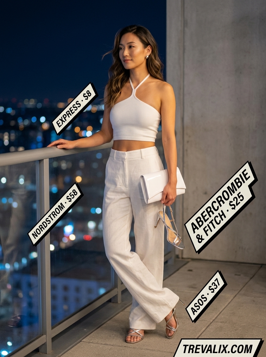 Sophisticated white halter neck top with wide-leg pants for summer outfits for women 2026. Chic evening event style.