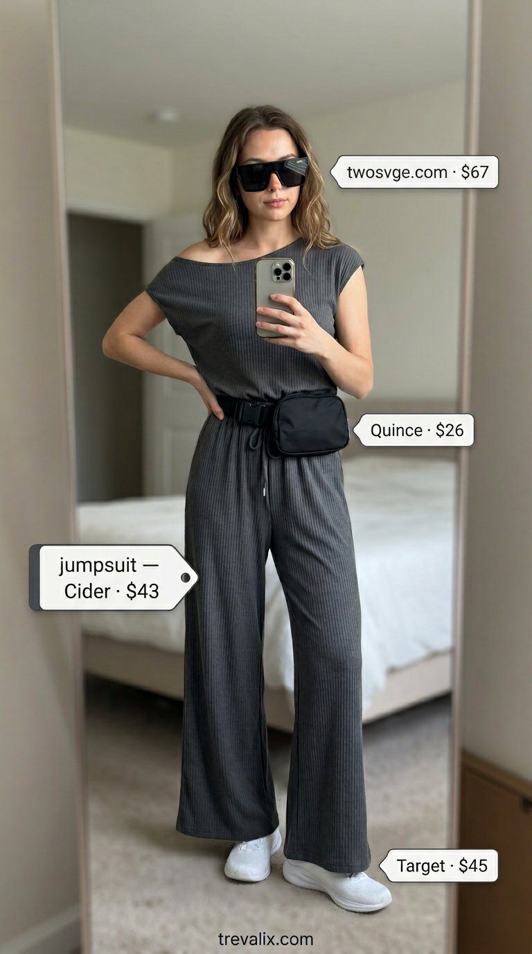 Comfortable charcoal grey athleisure jumpsuit outfit for women 2026, perfect for travel and errands. Styled with white sneakers and a black belt bag.