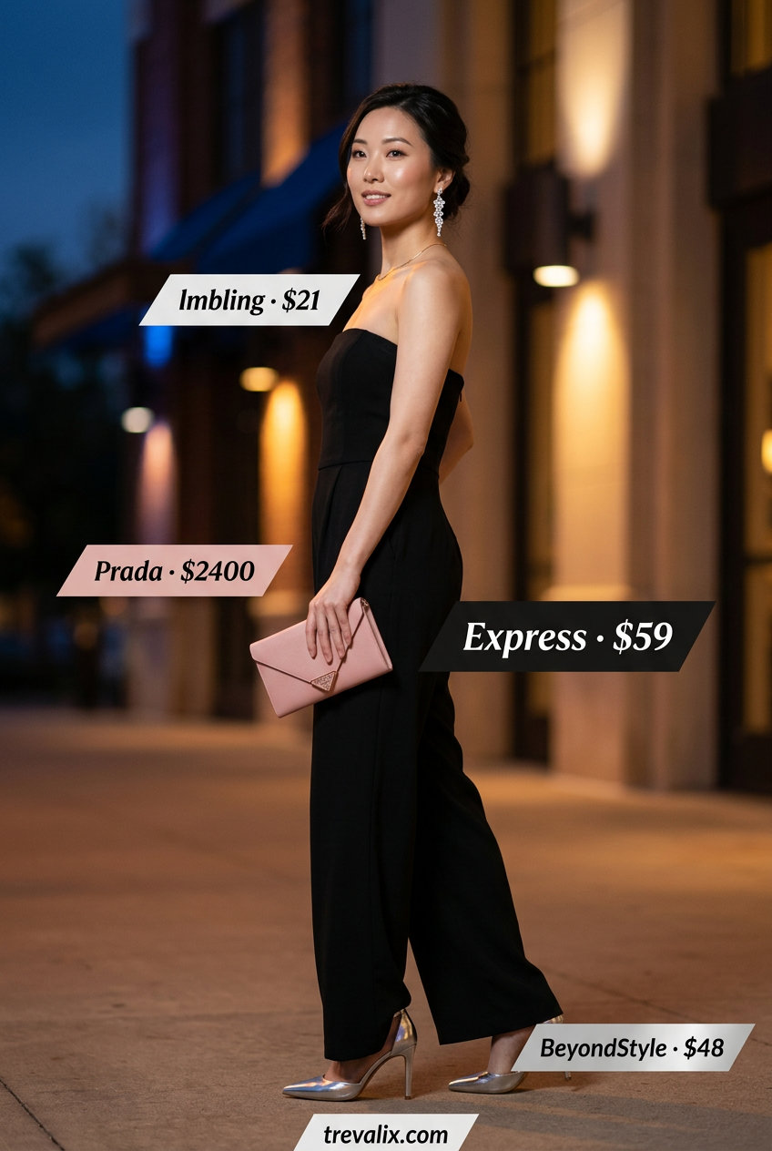 Black wide-leg jumpsuit with silver heels for summer jumpsuit outfits for women 2026.