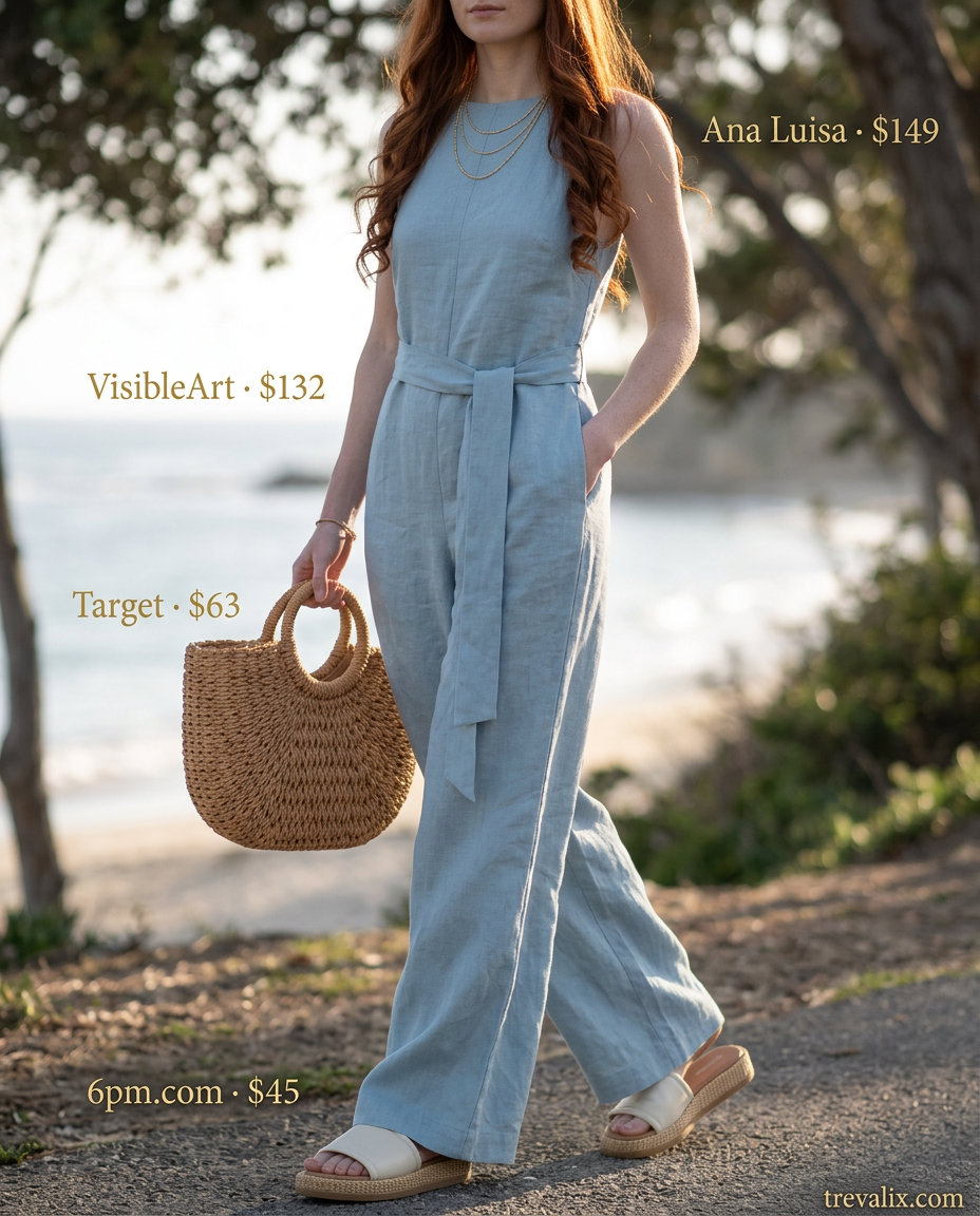 Sky blue linen jumpsuit with natural beige accessories for summer jumpsuit outfits for women 2026.