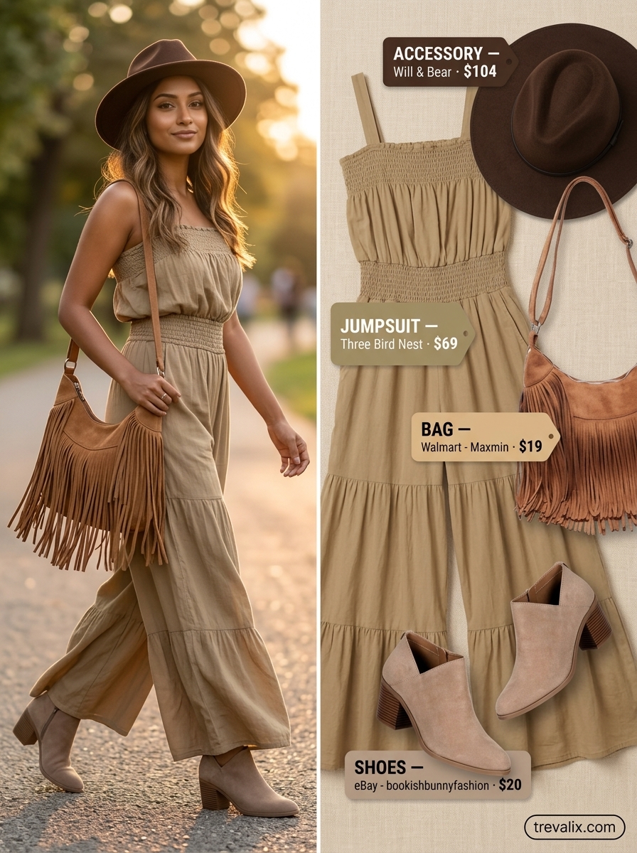 Bohemian cream romper outfit for women 2026, ideal for festivals and casual days. Styled with suede boots and a fringe crossbody bag.