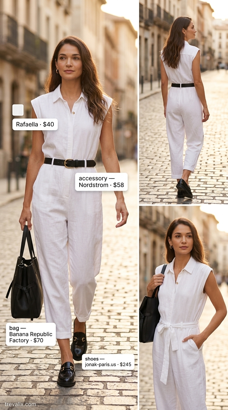 Chic linen jumpsuit outfit for women 2026: Cream tailored jumpsuit with black belt and loafers for smart casual.