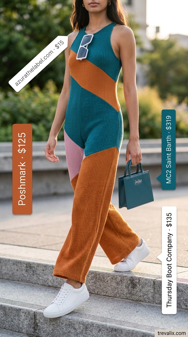 Bold color block jumpsuit outfit for women 2026: Teal and coral jumpsuit with white sneakers and sunglasses for art gallery.