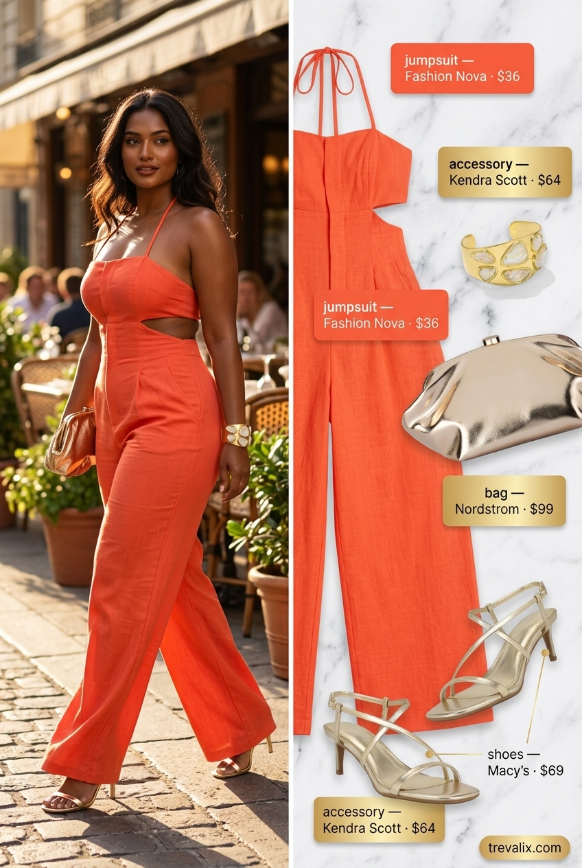 Vibrant coral halter neck jumpsuit outfit for women 2026, perfect for summer parties and date nights. Styled with metallic heels and gold accessories.