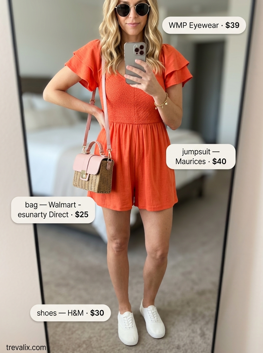 Playful coral romper jumpsuit outfit for women 2026, great for beach vacations and picnics. Styled with white sneakers and a straw bag.