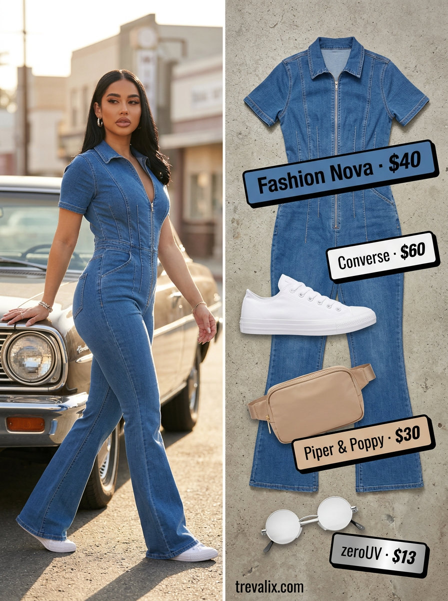 Denim jumpsuit with white sneakers and tan belt bag for summer jumpsuit outfits for women 2026.