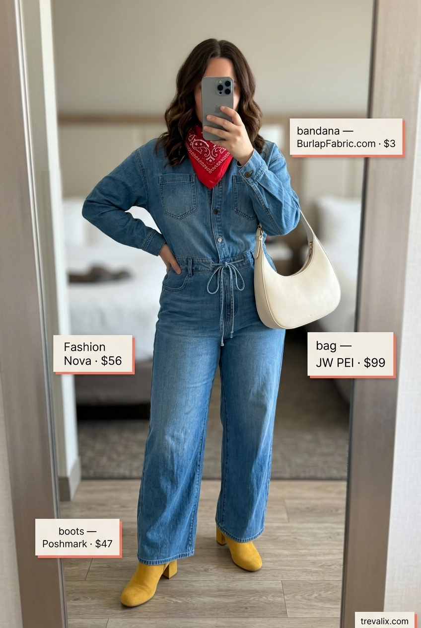 Denim jumpsuit with mustard yellow boots for summer jumpsuit outfits for women 2026.