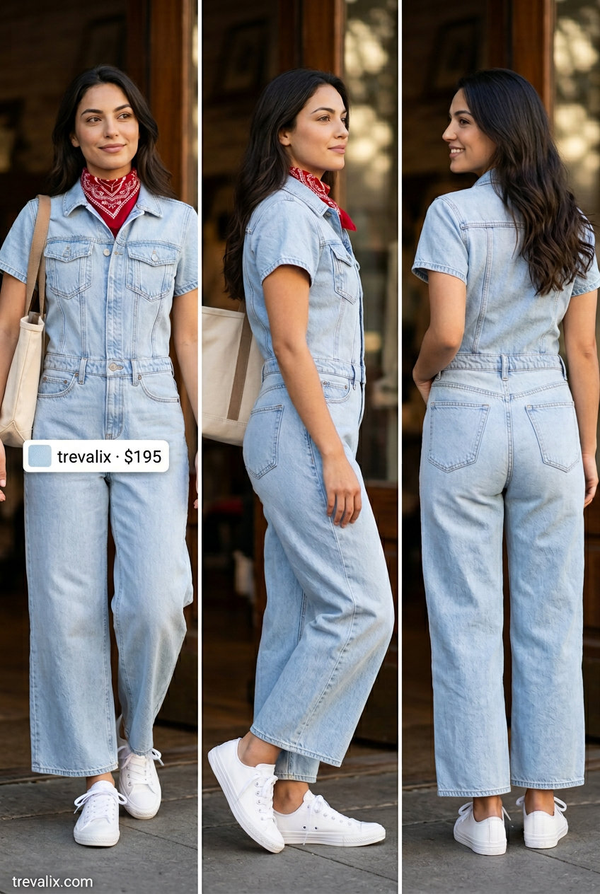 Denim jumpsuit outfit for women 2026: Medium wash denim jumpsuit with white sneakers and red bandana for casual weekend.