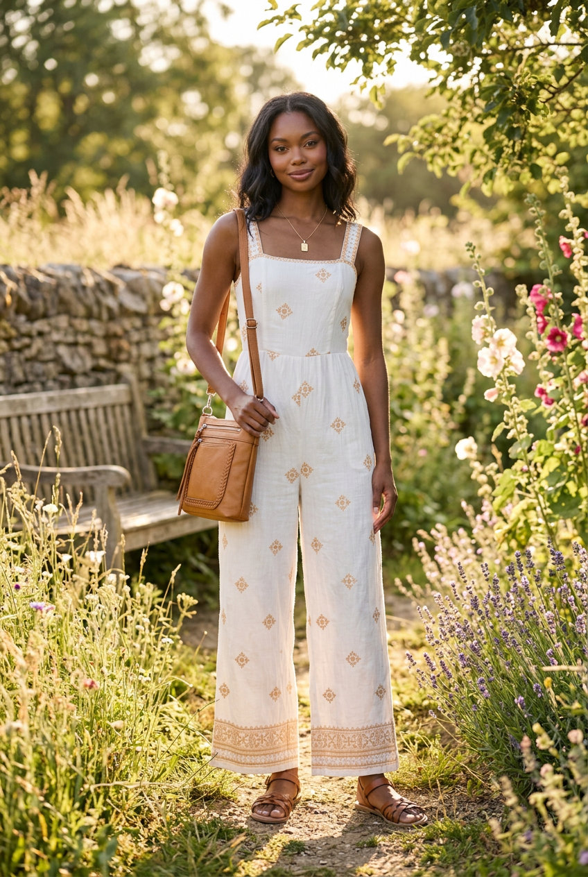 Embroidered summer jumpsuit outfit for women 2026: Cream jumpsuit with pastel pink embroidery, sandals, and crossbody bag.