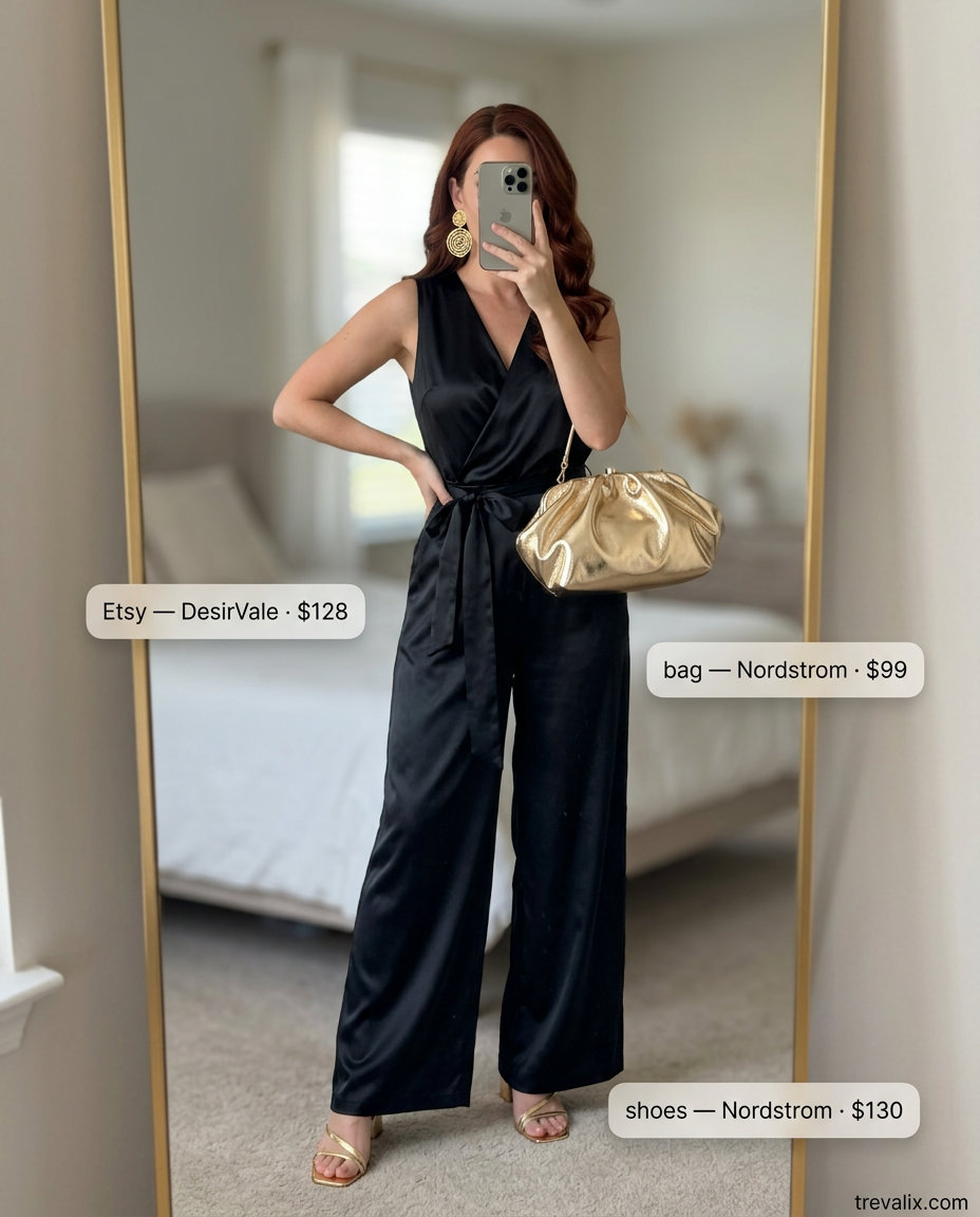 Summer evening jumpsuit outfit for women 2026: Black wide-leg jumpsuit with gold earrings and heels for a cocktail party.