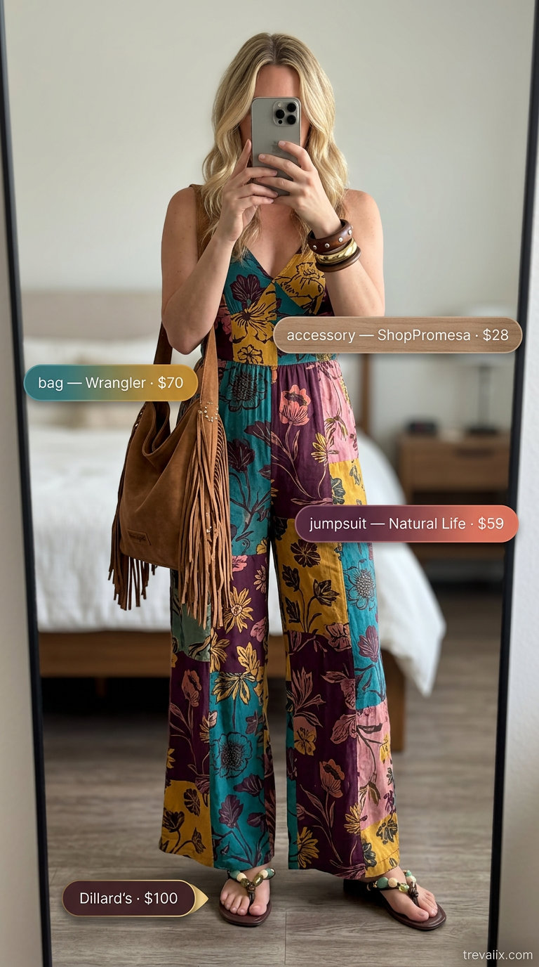 Coral floral print jumpsuit with brown accessories for summer jumpsuit outfits for women 2026.
