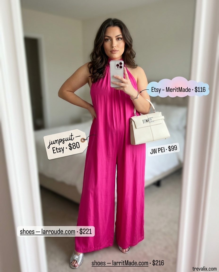 Fuchsia pink wide-leg jumpsuit with silver accessories for summer jumpsuit outfits for women 2026.