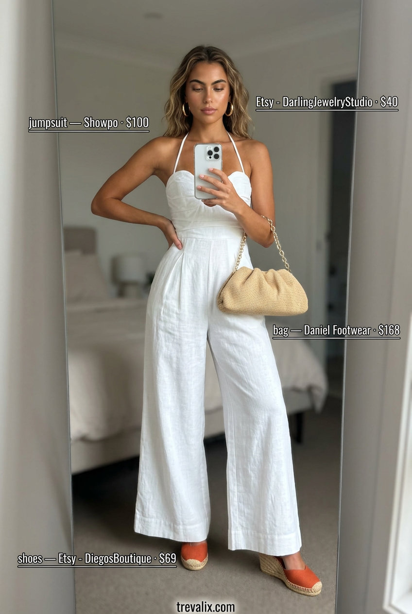 Natural linen halter neck jumpsuit with terracotta wedges for summer jumpsuit outfits for women 2026.