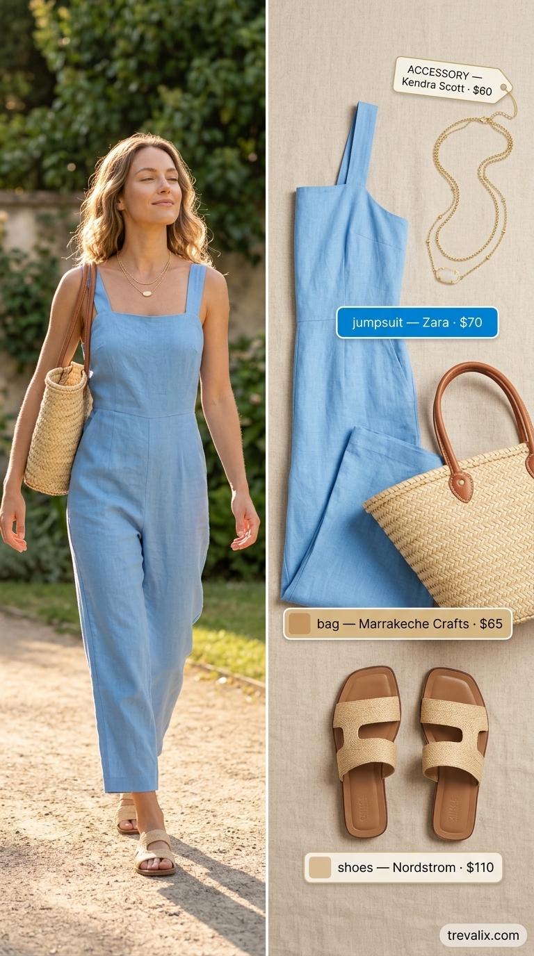 Relaxed sky blue linen jumpsuit outfit for women 2026, perfect for brunch and vacation casual. Styled with leather slides and a straw tote.
