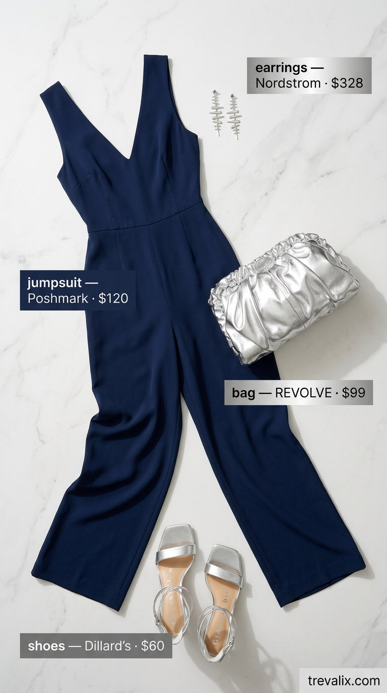 Elegant navy blue silk blend jumpsuit outfit for women 2026, perfect for evening events and formal parties. Styled with silver heels and statement earrings.