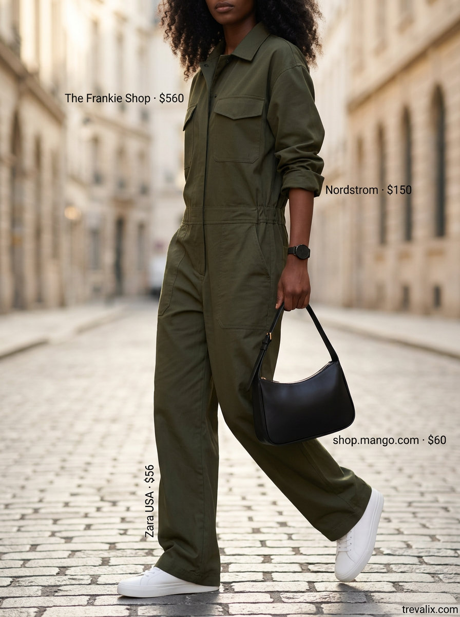 Olive green utility jumpsuit with white sneakers for summer jumpsuit outfits for women 2026.
