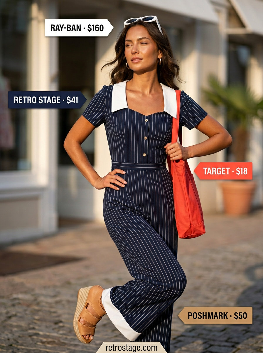 Striped sailor jumpsuit outfit for women 2026: Navy and white striped jumpsuit with red tote and wedges for seaside.