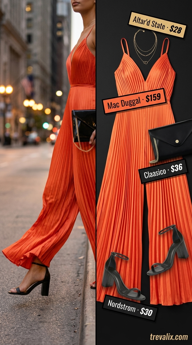 Sophisticated sunset orange jumpsuit outfit for women 2026, perfect for summer evenings and date nights. Styled with strappy heels and gold jewelry.