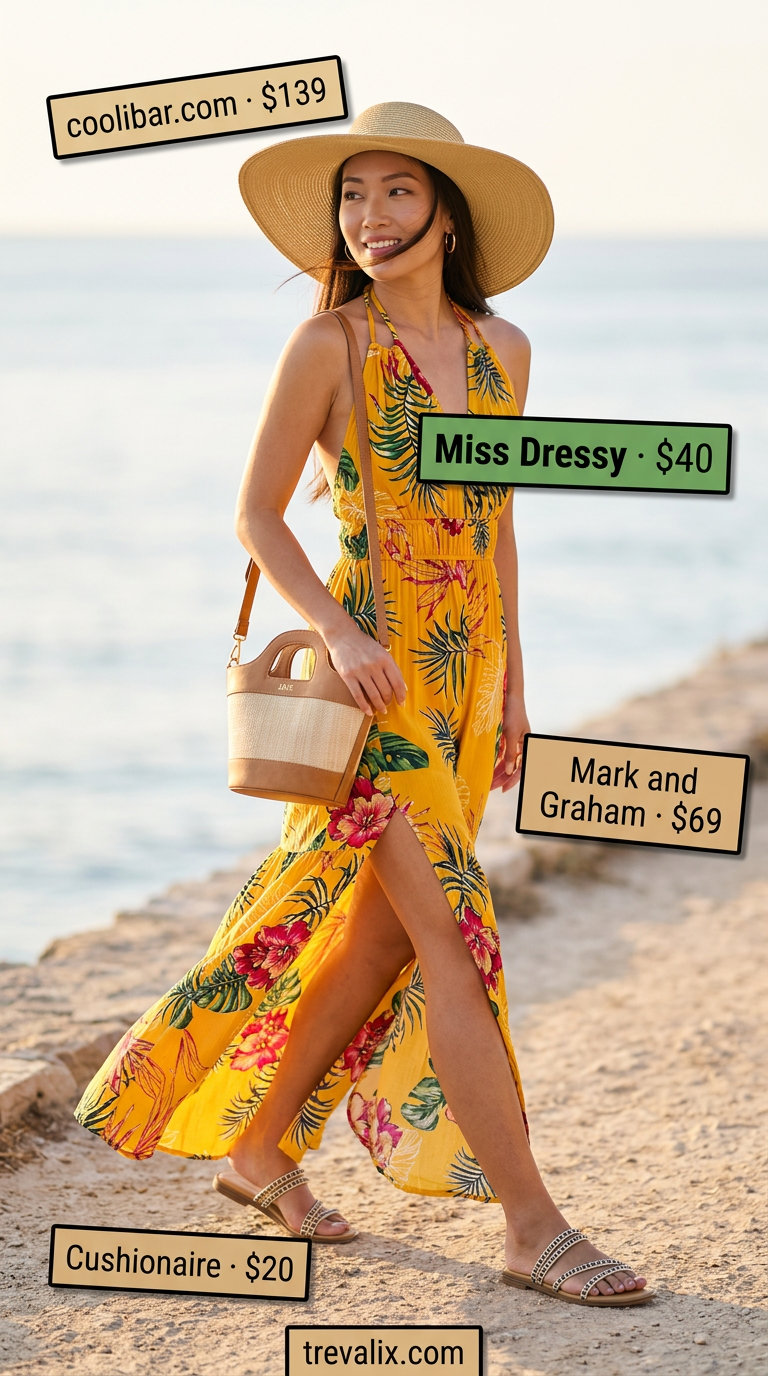 Vibrant tropical print jumpsuit outfit for women 2026, perfect for vacations and summer parties. Styled with a straw hat and embellished sandals.