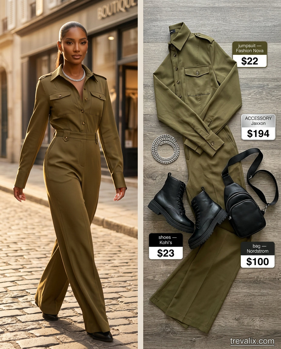 Urban explorer utility jumpsuit outfit for women 2026: Olive green jumpsuit with combat boots and belt bag for city.
