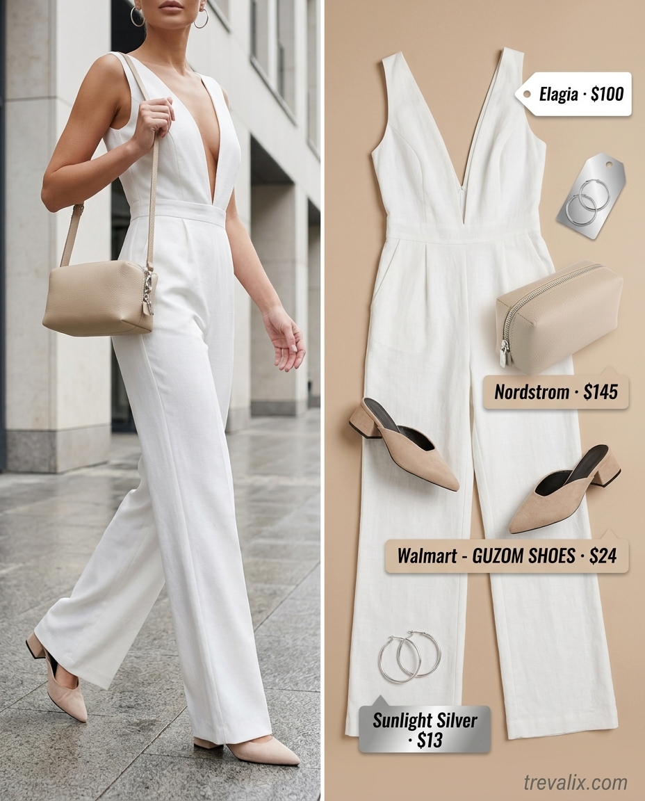 White tailored jumpsuit with beige accessories for summer jumpsuit outfits for women 2026.