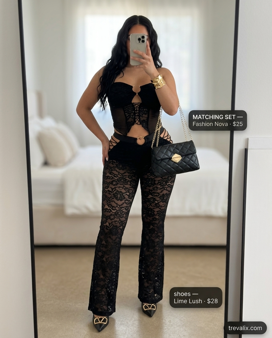Trendy black lace crop top and pants set for summer lace outfits for women 2026.