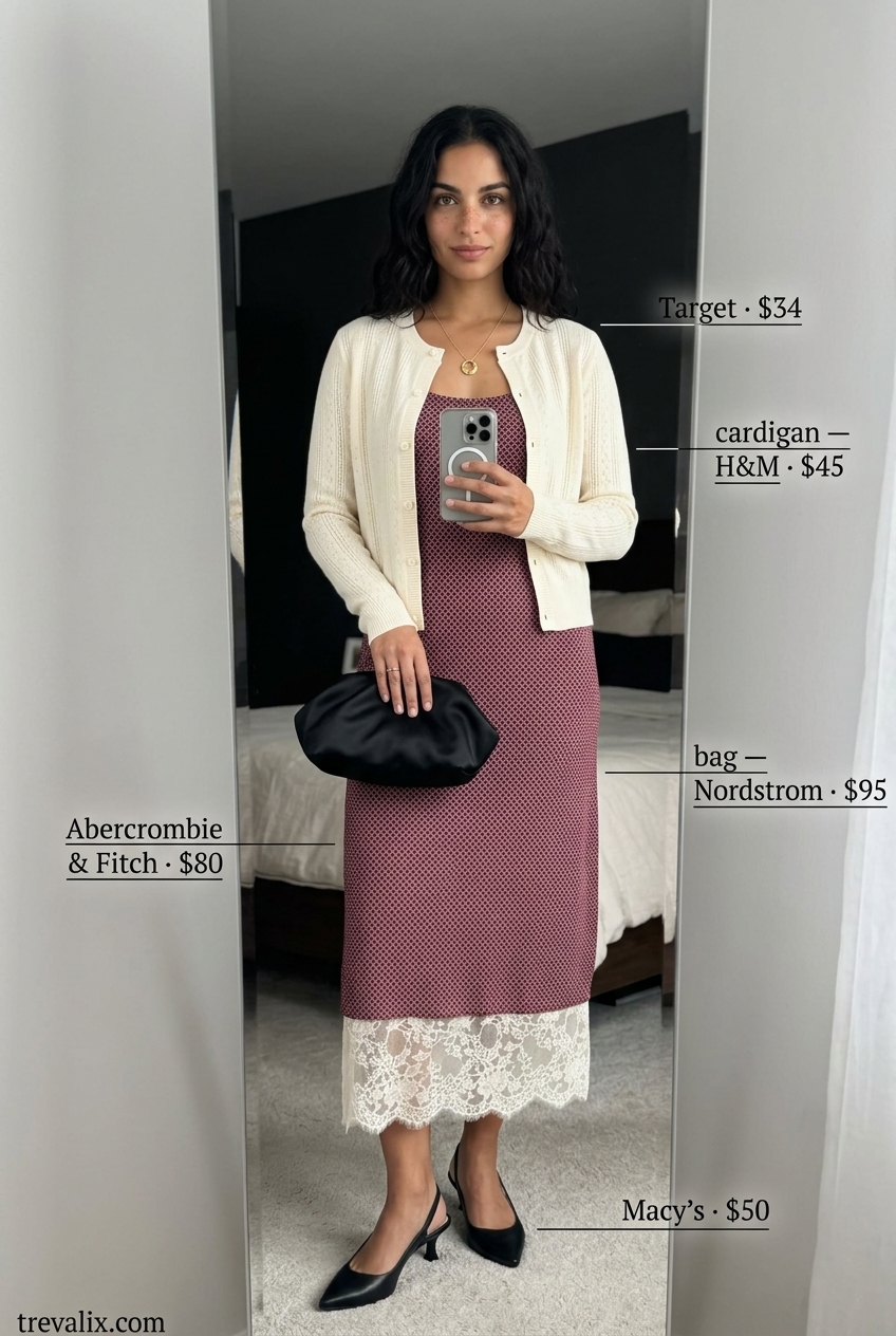 Romantic burgundy lace-trimmed slip dress for summer lace outfits for women 2026.