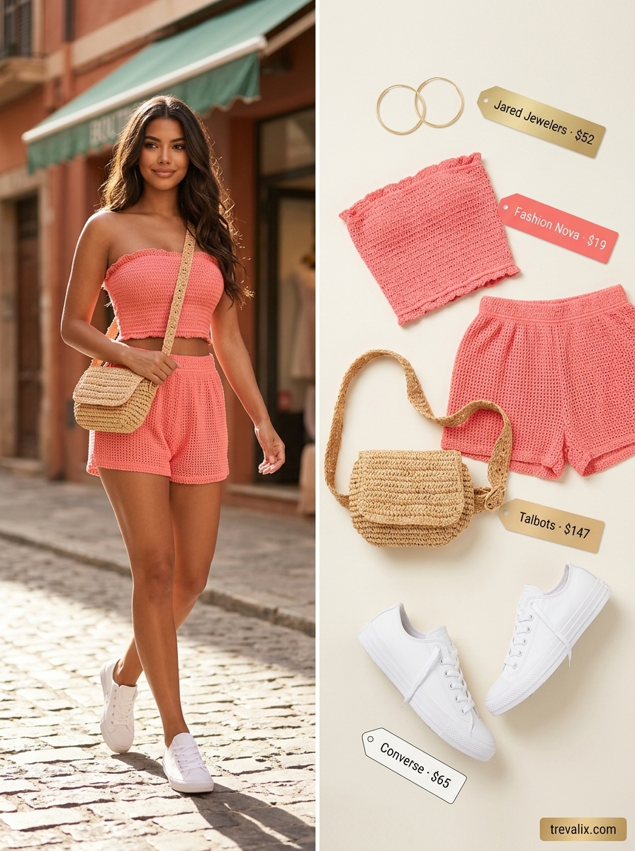 Playful coral pink lace shorts set for summer lace outfits for women 2026.