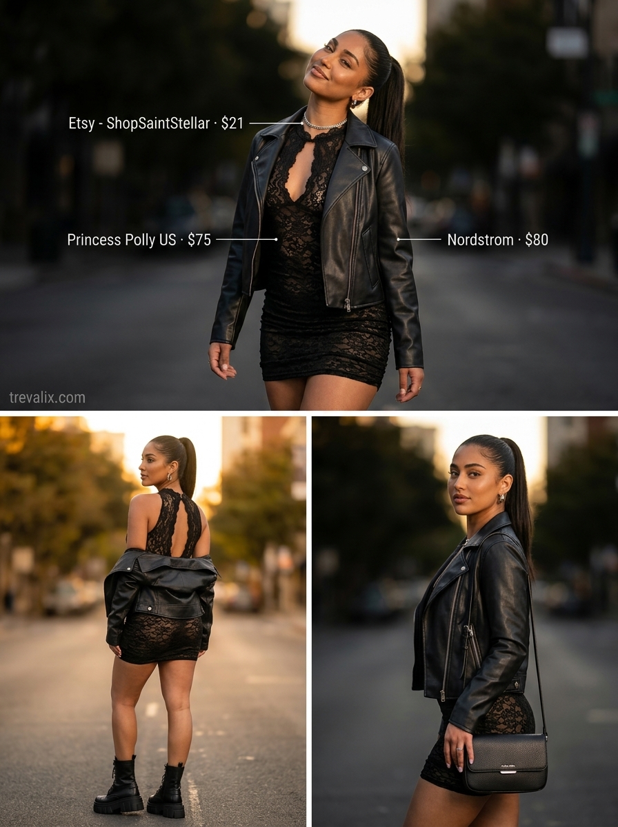 Edgy black lace mini dress with moto jacket for summer lace outfits for women 2026.