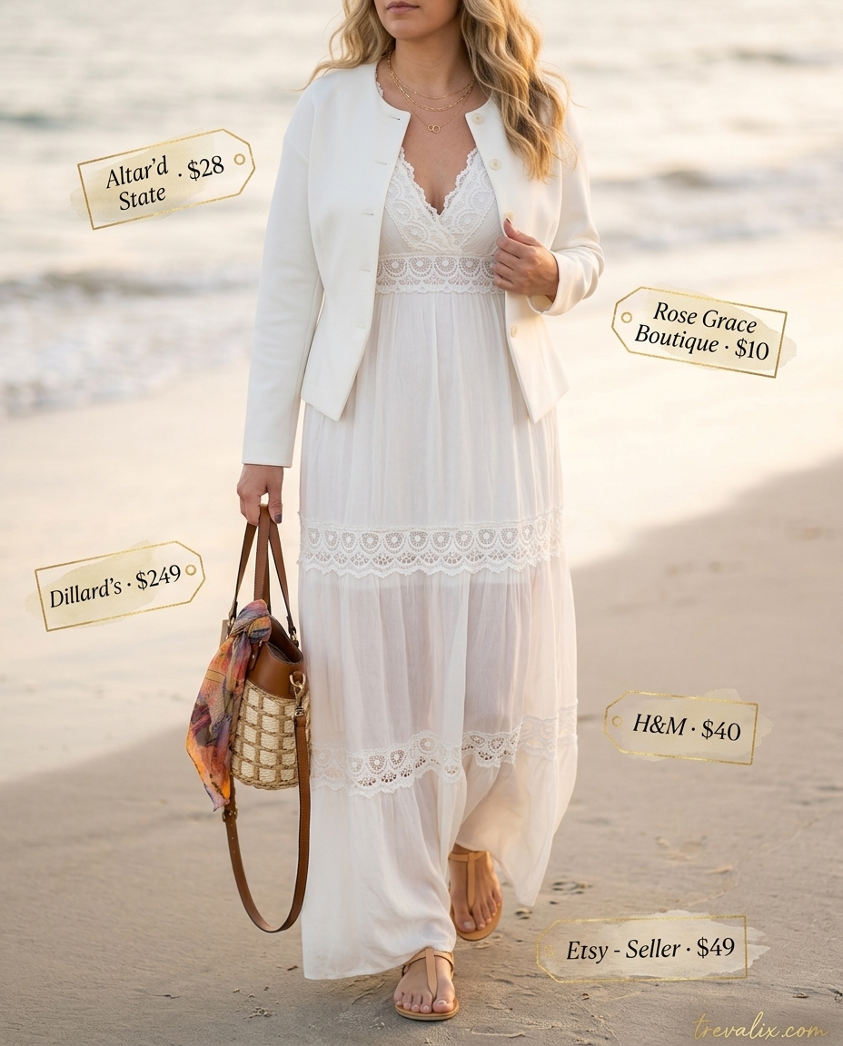 Ethereal ivory lace maxi dress with straw bag for summer lace outfits for women 2026.