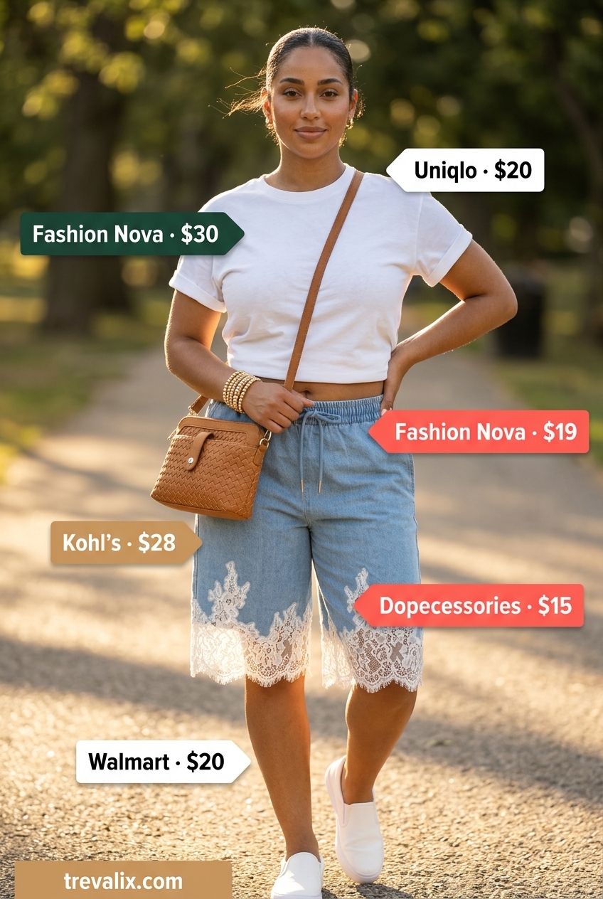 Summer Lace Outfits for Women 2026: Denim shorts with lace trim, oversized white tee, and sneakers for a casual day.
