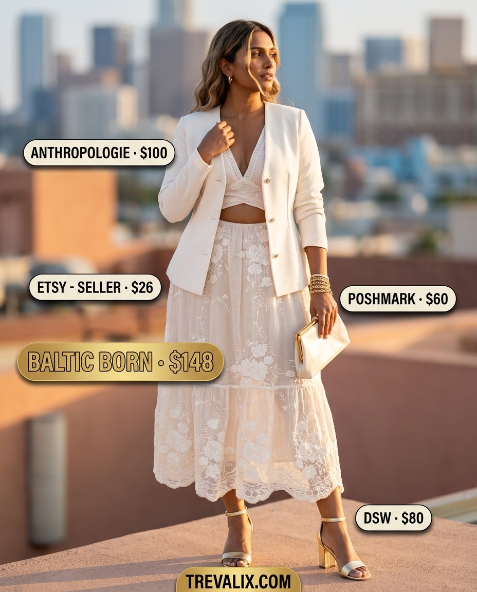 Summer Lace Outfits for Women 2026: Soft beige linen midi dress with lace trim, gold sandals for an elegant daytime event.